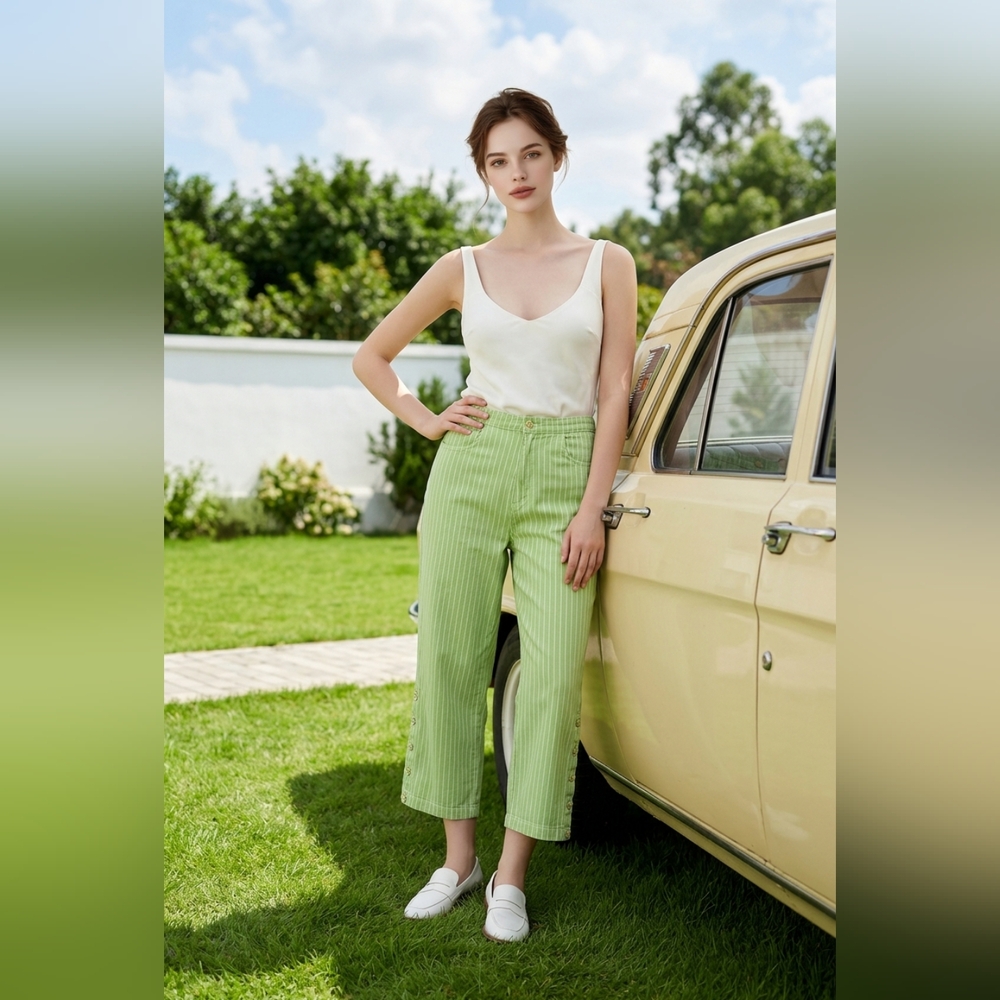 Denim & Co Green and White Pinstripe Stretch Capris